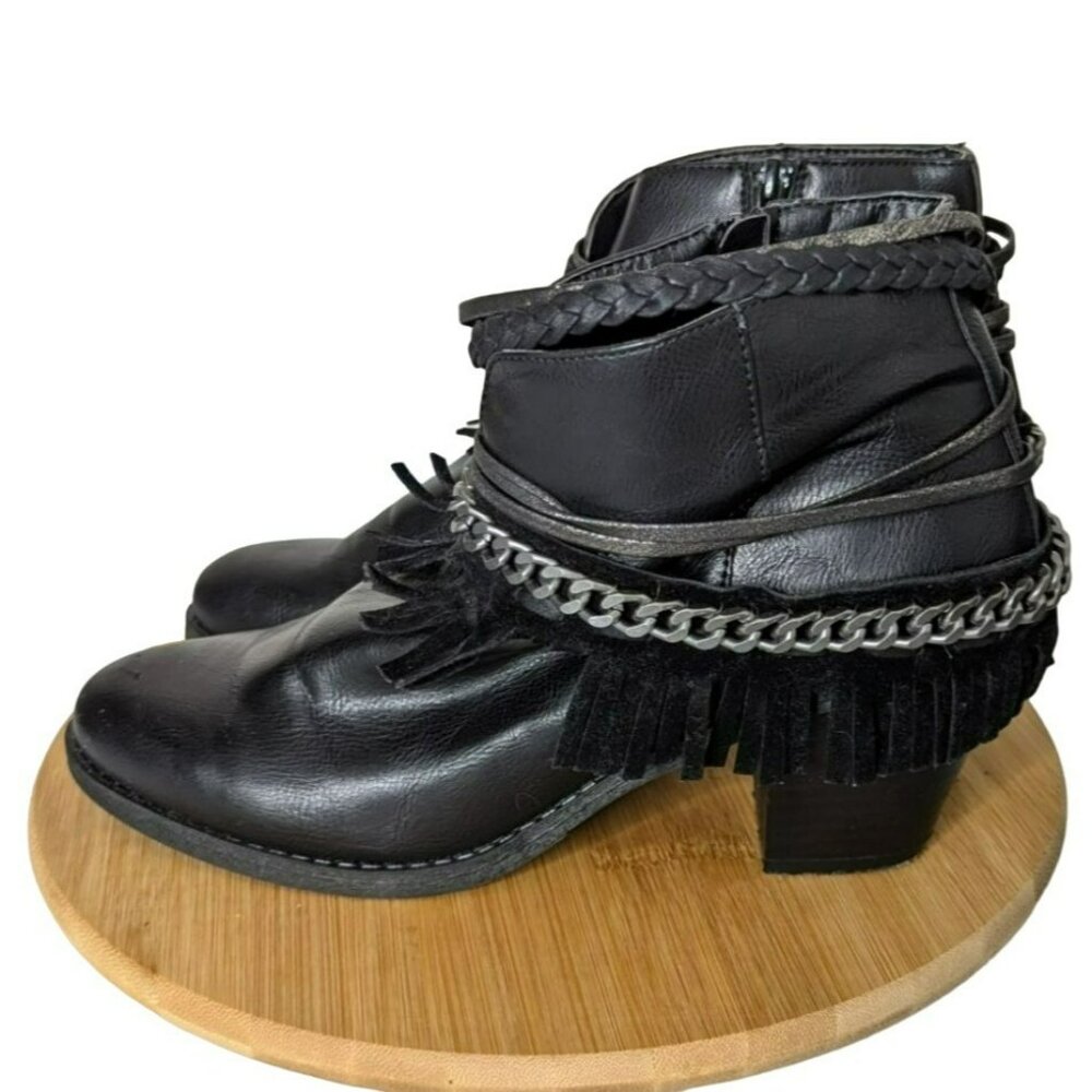 Black Fringe Ankle Boots Faux Leather Chain Detail Block Heels Womens Size 10